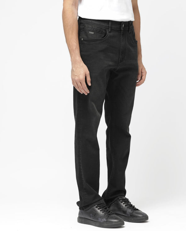Rare Rabbit Men's Inky Black Regular Fit Mid Rise Dark Wash With Mild Whiskers Jeans