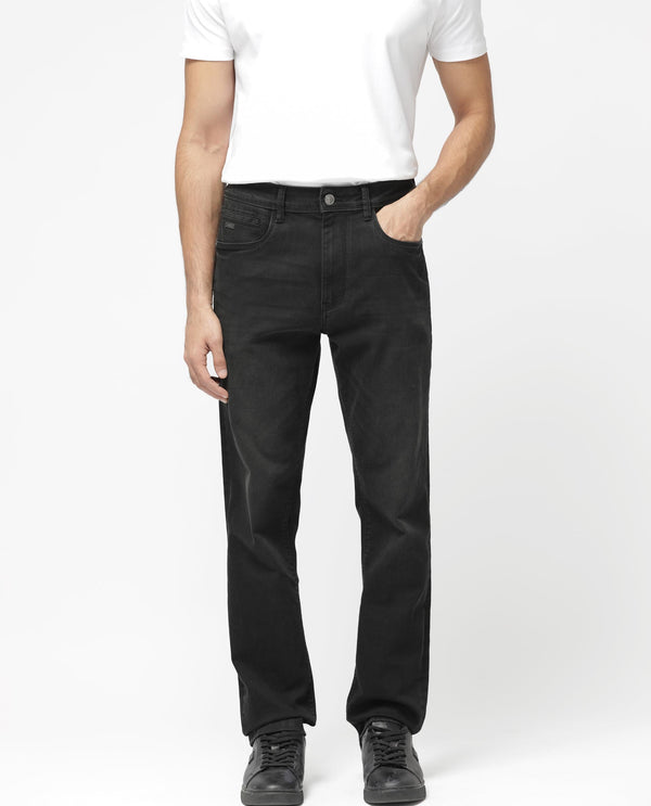 Rare Rabbit Men's Inky Black Regular Fit Mid Rise Dark Wash With Mild Whiskers Jeans
