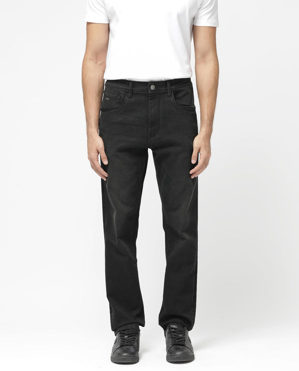 Rare Rabbit Men's Inky Black Regular Fit Mid Rise Dark Wash With Mild Whiskers Jeans
