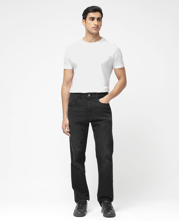 Rare Rabbit Men's Inky Black Regular Fit Mid Rise Dark Wash With Mild Whiskers Jeans