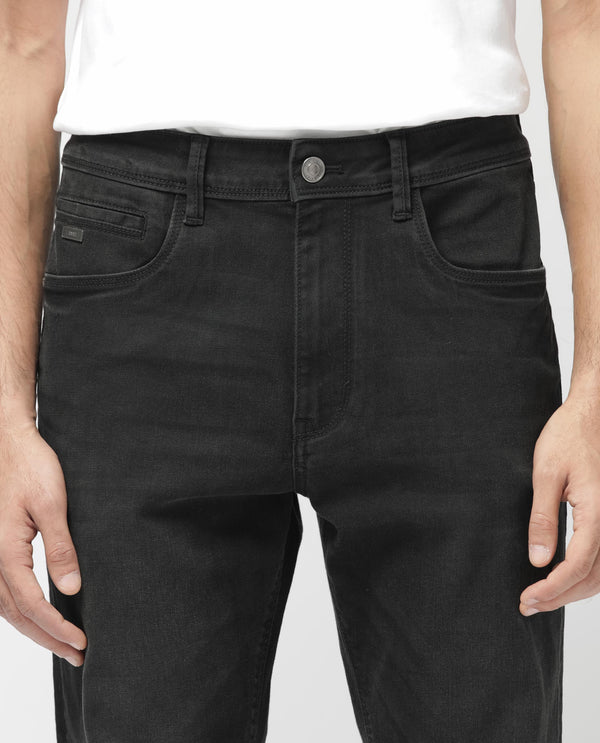 Rare Rabbit Men's Inky Black Regular Fit Mid Rise Dark Wash With Mild Whiskers Jeans