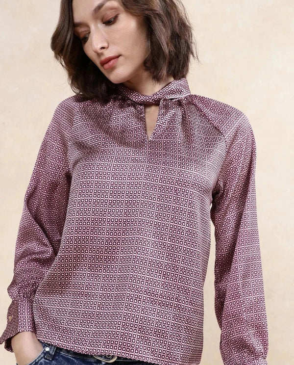 Rareism Women Inno Multi Satin Cuffed Sleeve High Neck Button Closure Geometric Print Top