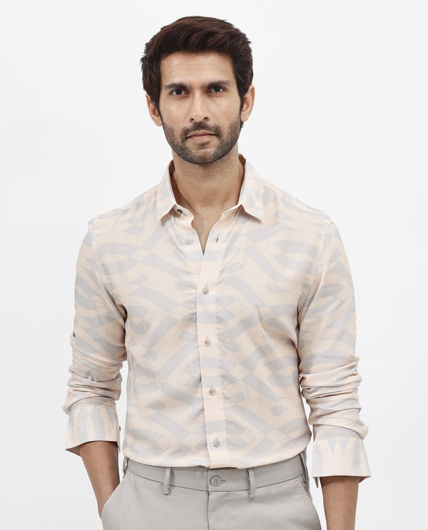Rare Rabbit Mens Inot Pastel Peach Full Sleeve Regular Fit Abstract Print Shirt
