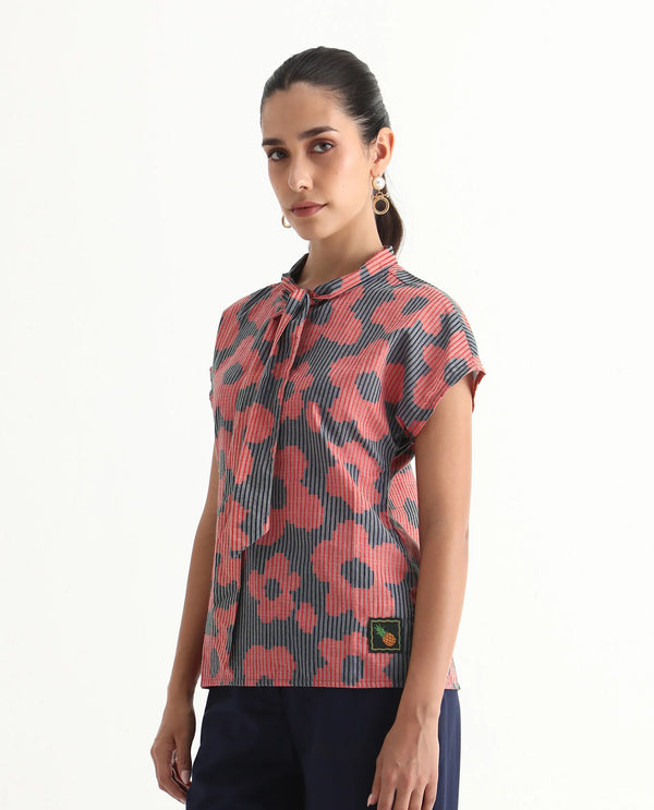 Rareism Women Ioplom Purple Extended Sleeves Tie Up Neck Button Closure Regular Fit Flannel Print Top