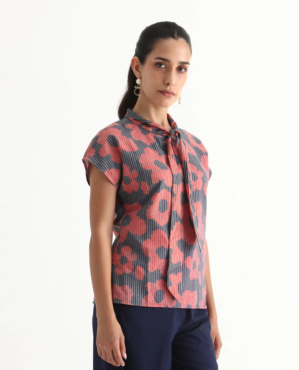 Rareism Women Ioplom Purple Extended Sleeves Tie Up Neck Button Closure Regular Fit Flannel Print Top