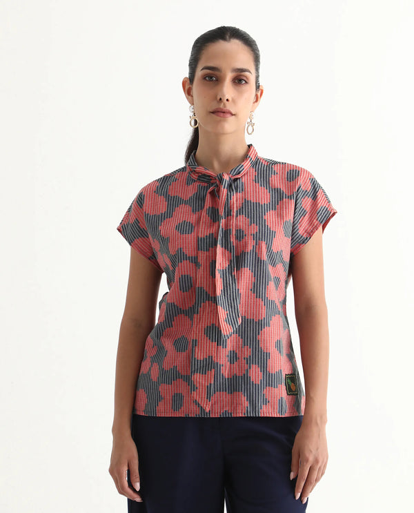 Rareism Women Ioplom Purple Extended Sleeves Tie Up Neck Button Closure Regular Fit Flannel Print Top