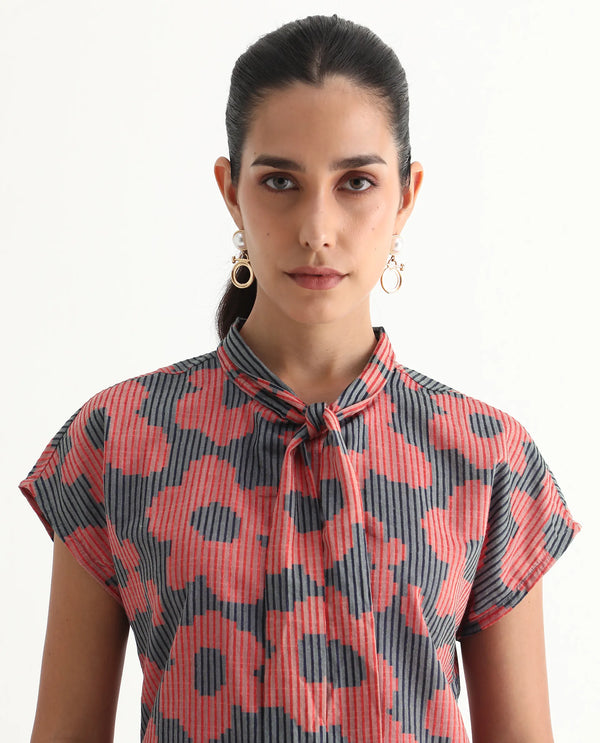 Rareism Women Ioplom Purple Extended Sleeves Tie Up Neck Button Closure Regular Fit Flannel Print Top