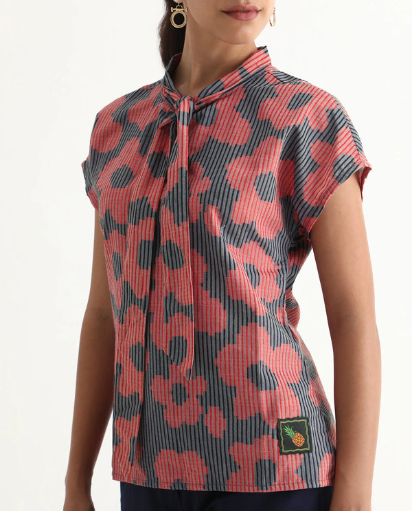 Rareism Women Ioplom Purple Extended Sleeves Tie Up Neck Button Closure Regular Fit Flannel Print Top