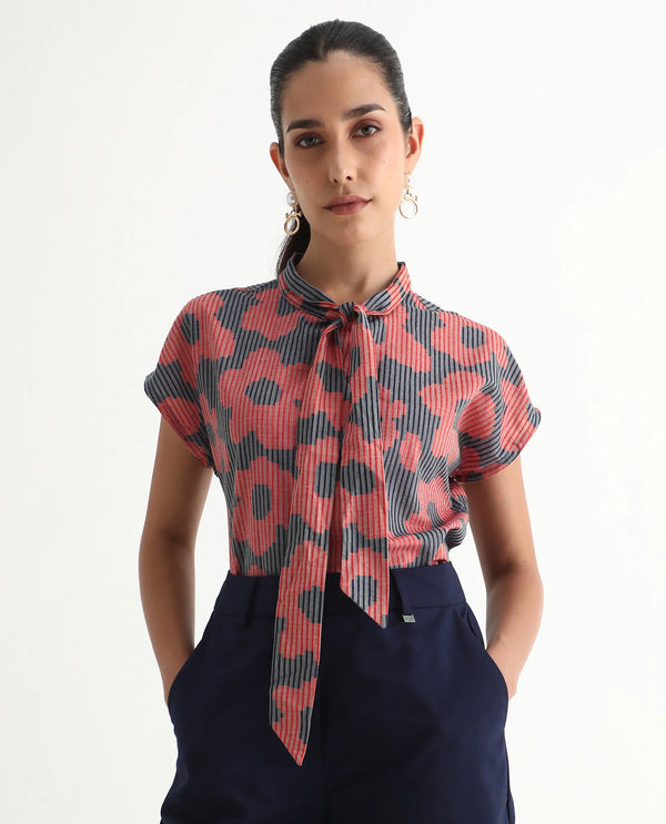 Rareism Women Ioplom Purple Extended Sleeves Tie Up Neck Button Closure Regular Fit Flannel Print Top