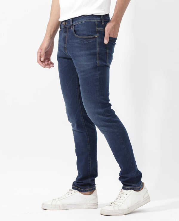Rare Rabbit Men's Isaak Dark Blue Slim Fit Mid Rise Dark Wash With Mild Whiskers Jeans