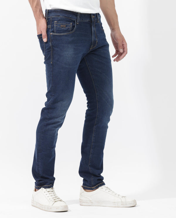 Rare Rabbit Men's Isaak Dark Blue Slim Fit Mid Rise Dark Wash With Mild Whiskers Jeans
