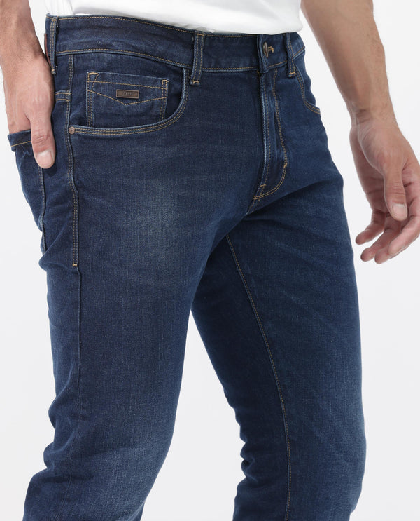 Rare Rabbit Men's Isaak Dark Blue Slim Fit Mid Rise Dark Wash With Mild Whiskers Jeans
