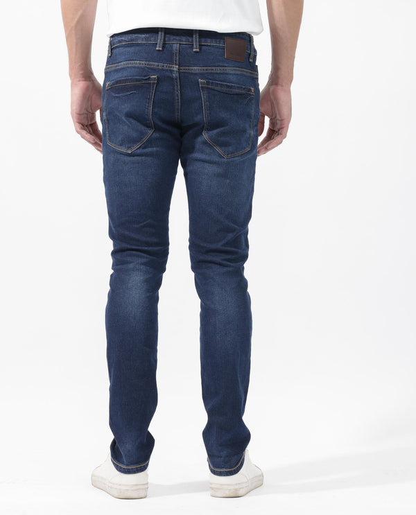 Rare Rabbit Men's Isaak Dark Blue Slim Fit Mid Rise Dark Wash With Mild Whiskers Jeans