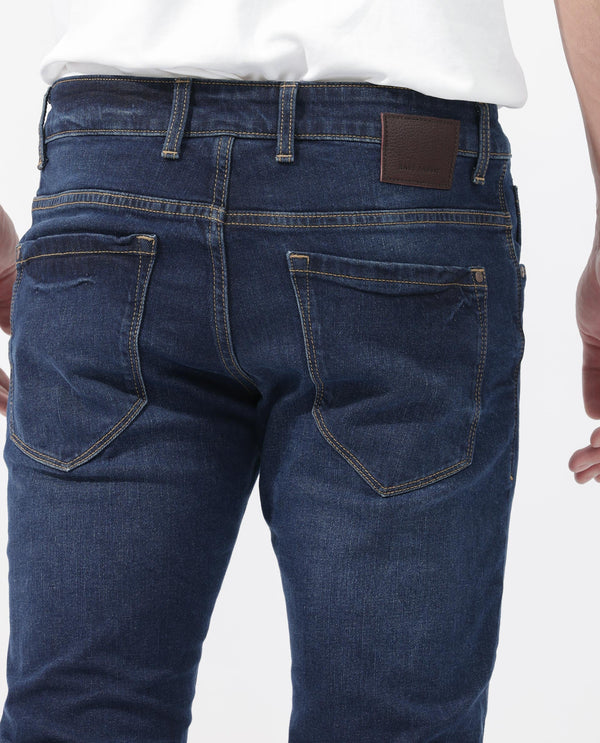 Rare Rabbit Men's Isaak Dark Blue Slim Fit Mid Rise Dark Wash With Mild Whiskers Jeans