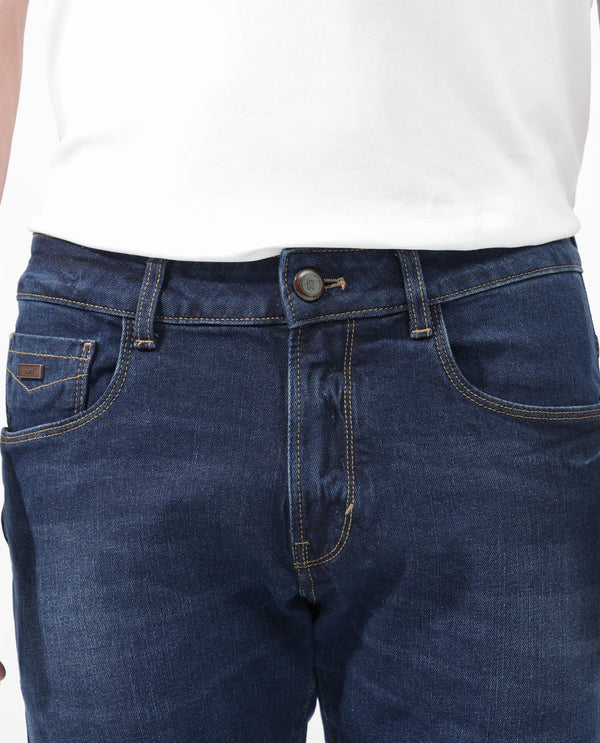 Rare Rabbit Men's Isaak Dark Blue Slim Fit Mid Rise Dark Wash With Mild Whiskers Jeans