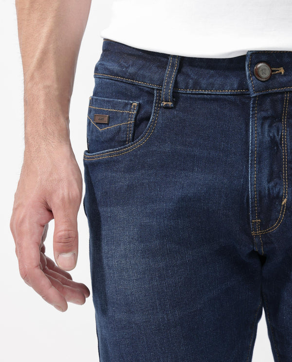 Rare Rabbit Men's Isaak Dark Blue Slim Fit Mid Rise Dark Wash With Mild Whiskers Jeans