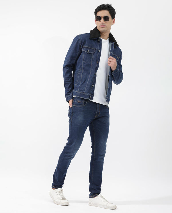 Rare Rabbit Men's Isaak Dark Blue Slim Fit Mid Rise Dark Wash With Mild Whiskers Jeans