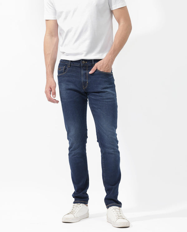 Rare Rabbit Men's Isaak Dark Blue Slim Fit Mid Rise Dark Wash With Mild Whiskers Jeans