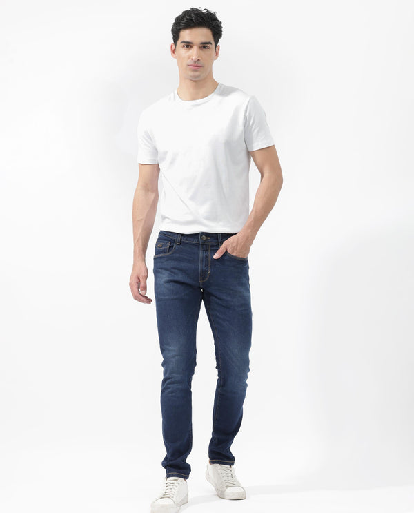 Rare Rabbit Men's Isaak Dark Blue Slim Fit Mid Rise Dark Wash With Mild Whiskers Jeans