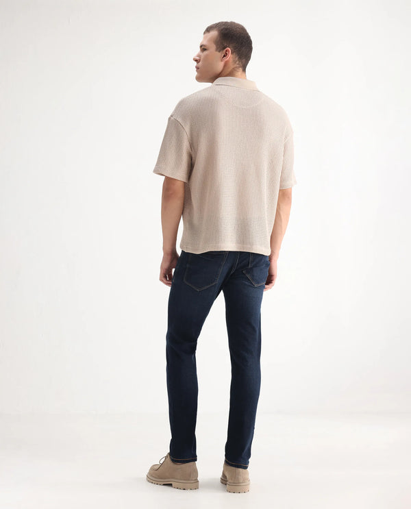 Rare Rabbit Men's Isaak Dark Blue Slim Fit Mid Rise Dark Wash With Mild Whiskers Jeans
