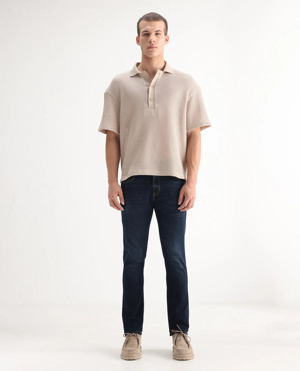 Rare Rabbit Men's Isaak Dark Blue Slim Fit Mid Rise Dark Wash With Mild Whiskers Jeans