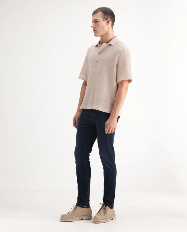 Rare Rabbit Men's Isaak Dark Blue Slim Fit Mid Rise Dark Wash With Mild Whiskers Jeans