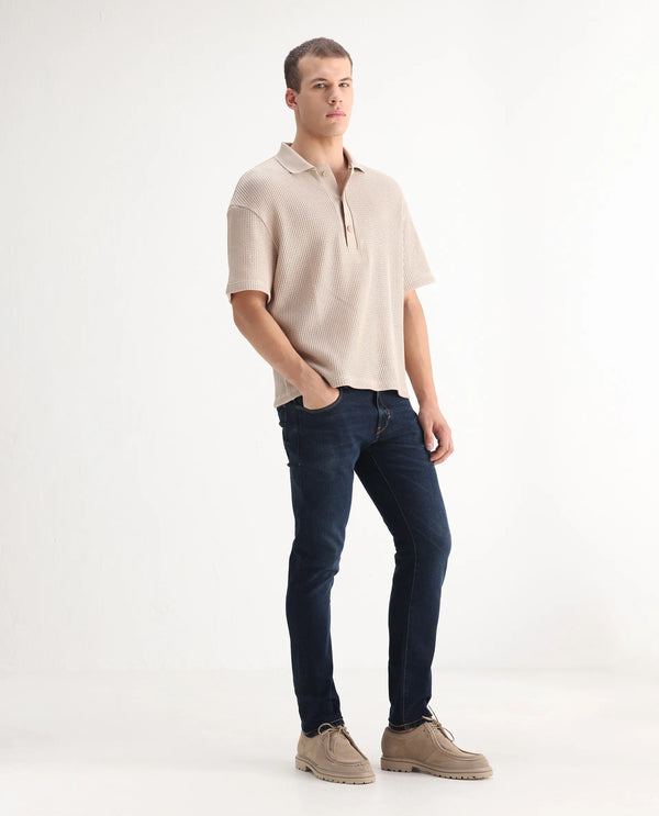 Rare Rabbit Men's Isaak Dark Blue Slim Fit Mid Rise Dark Wash With Mild Whiskers Jeans