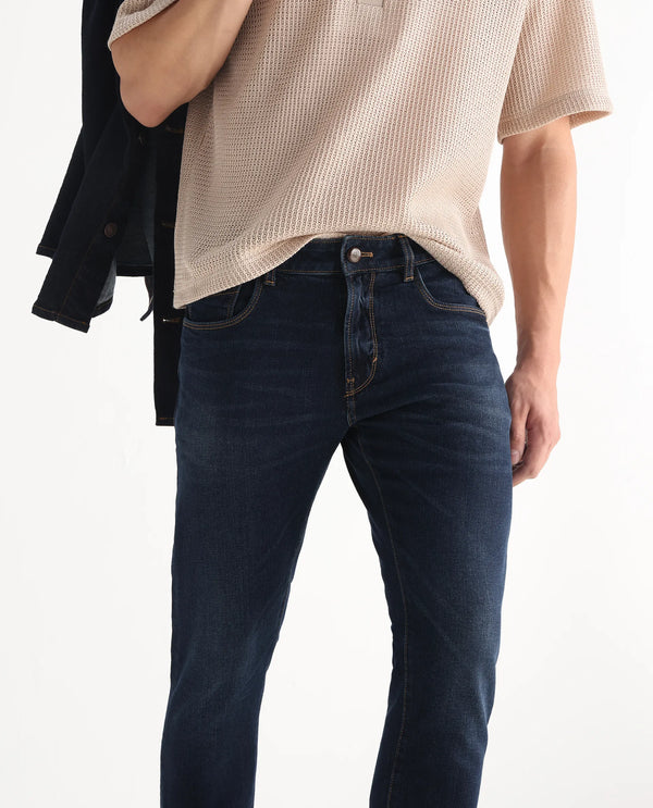 Rare Rabbit Men's Isaak Dark Blue Slim Fit Mid Rise Dark Wash With Mild Whiskers Jeans