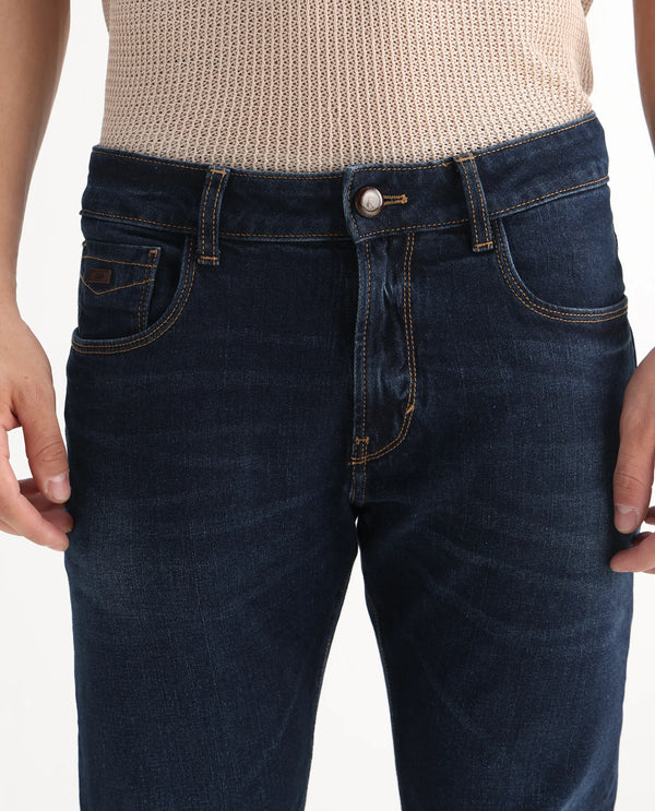 Rare Rabbit Men's Isaak Dark Blue Slim Fit Mid Rise Dark Wash With Mild Whiskers Jeans