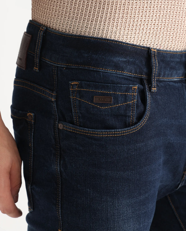 Rare Rabbit Men's Isaak Dark Blue Slim Fit Mid Rise Dark Wash With Mild Whiskers Jeans