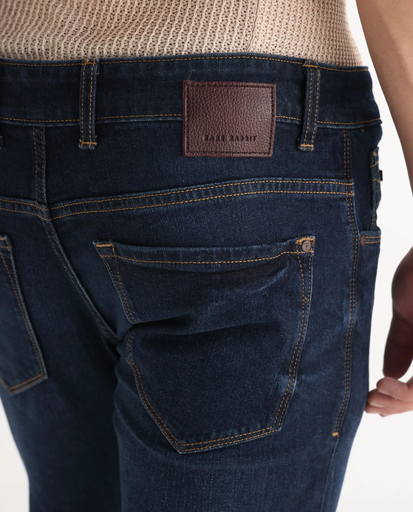 Rare Rabbit Men's Isaak Dark Blue Slim Fit Mid Rise Dark Wash With Mild Whiskers Jeans
