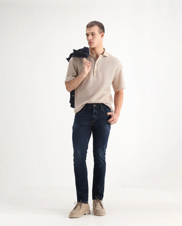 Rare Rabbit Men's Isaak Dark Blue Slim Fit Mid Rise Dark Wash With Mild Whiskers Jeans