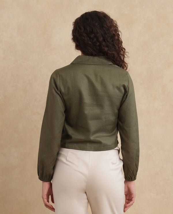 Rareism Women Istanbul Green Bishop Sleeve Lapel Collar Cropped Plain Top