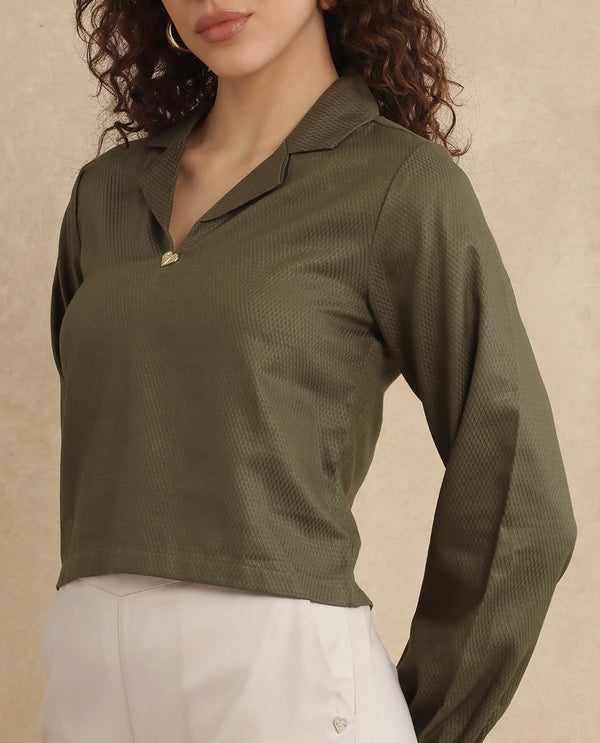 Rareism Women Istanbul Green Bishop Sleeve Lapel Collar Cropped Plain Top
