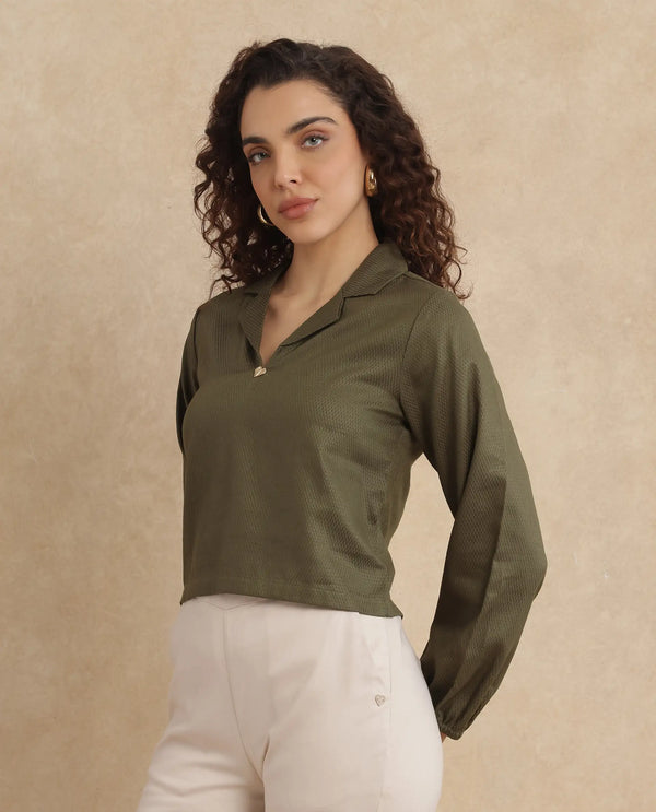 Rareism Women Istanbul Green Bishop Sleeve Lapel Collar Cropped Plain Top