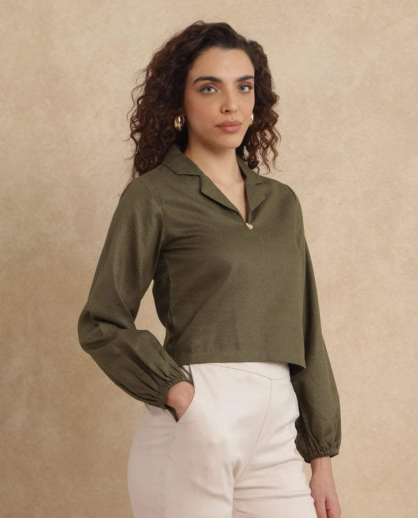 Rareism Women Istanbul Green Bishop Sleeve Lapel Collar Cropped Plain Top