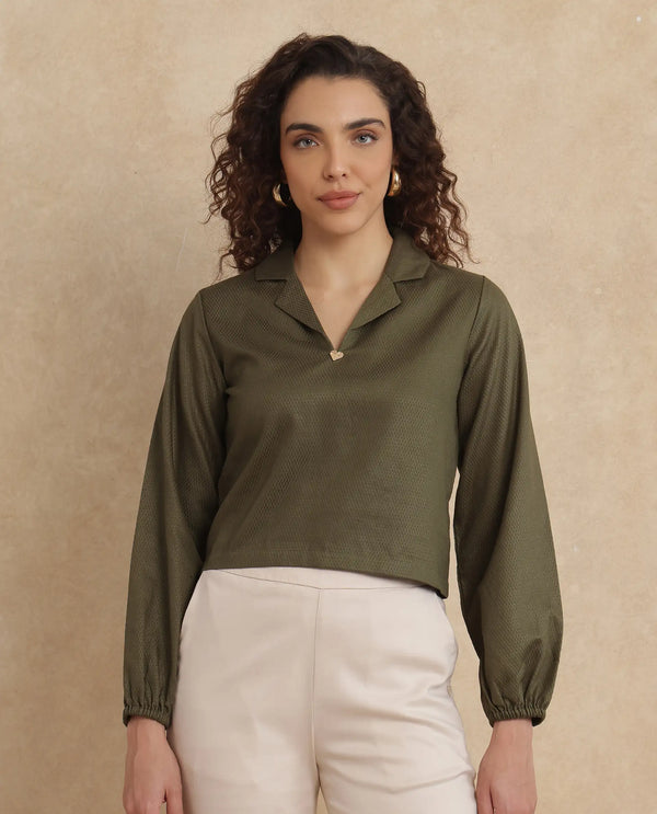 Rareism Women Istanbul Green Bishop Sleeve Lapel Collar Cropped Plain Top