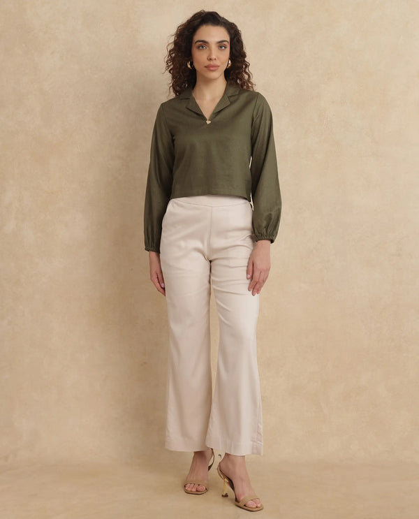 Rareism Women Istanbul Green Bishop Sleeve Lapel Collar Cropped Plain Top