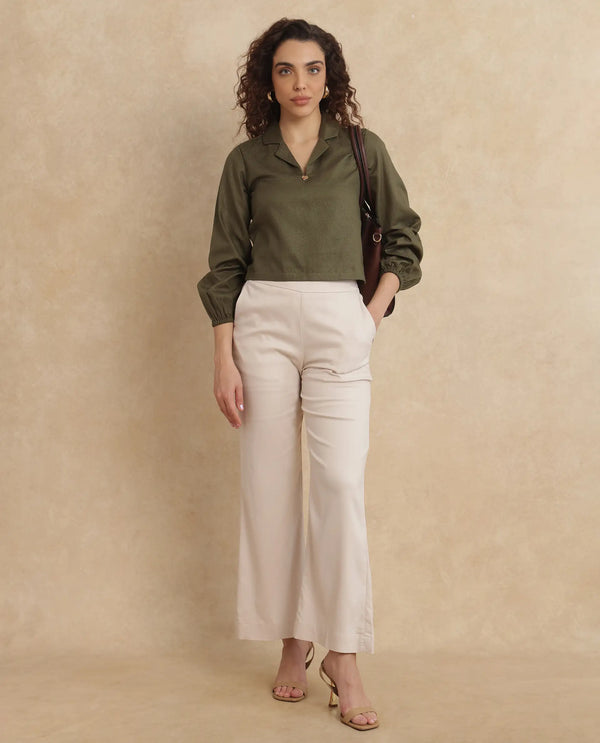 Rareism Women Istanbul Green Bishop Sleeve Lapel Collar Cropped Plain Top