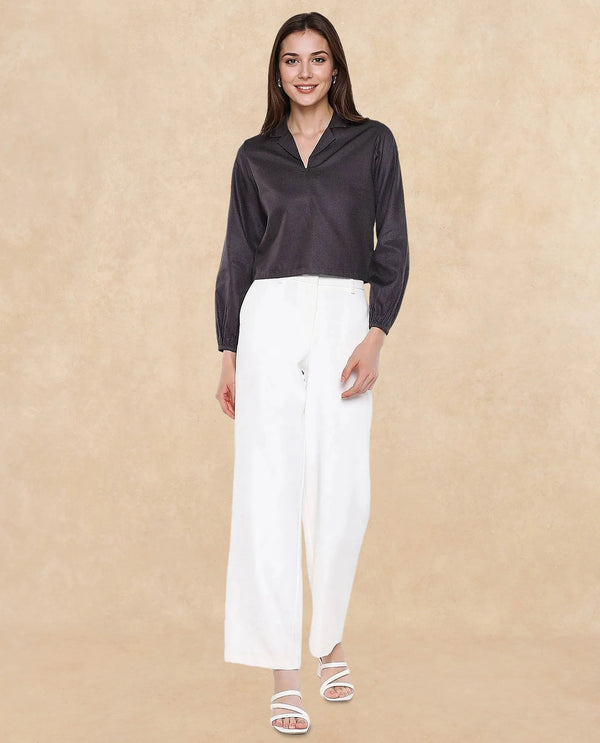 Rareism Women Istanbul Grey Bishop Sleeve Lapel Collar Cropped Plain Top