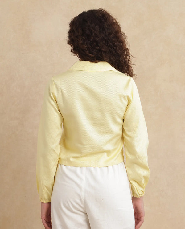 Rareism Women Istanbul Light Yellow Bishop Sleeve Lapel Collar Cropped Plain Top