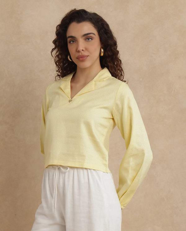 Rareism Women Istanbul Light Yellow Bishop Sleeve Lapel Collar Cropped Plain Top