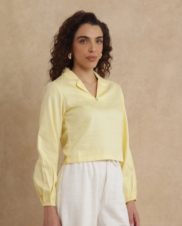 Rareism Women Istanbul Light Yellow Bishop Sleeve Lapel Collar Cropped Plain Top
