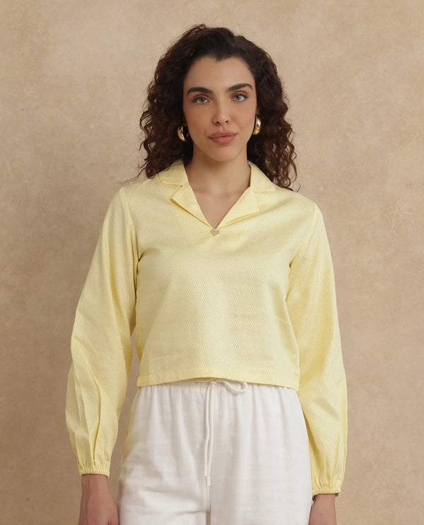 Rareism Women Istanbul Light Yellow Bishop Sleeve Lapel Collar Cropped Plain Top