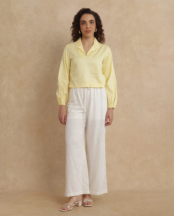 Rareism Women Istanbul Light Yellow Bishop Sleeve Lapel Collar Cropped Plain Top
