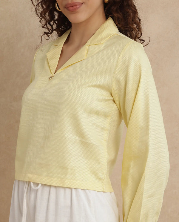 Rareism Women Istanbul Light Yellow Bishop Sleeve Lapel Collar Cropped Plain Top