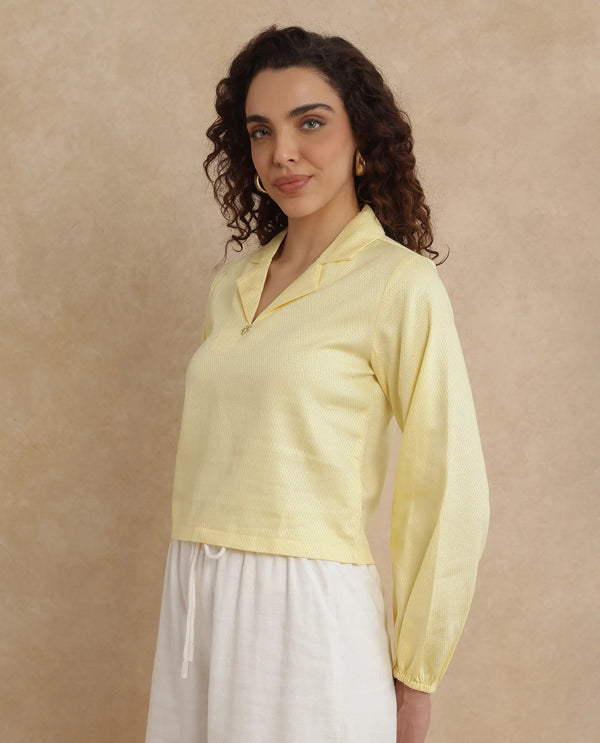 Rareism Women Istanbul Light Yellow Bishop Sleeve Lapel Collar Cropped Plain Top