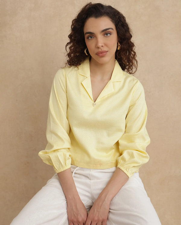 Rareism Women Istanbul Light Yellow Bishop Sleeve Lapel Collar Cropped Plain Top