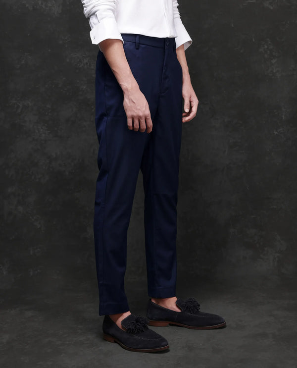 Rare Rabbit Men Ital Navy Button Closure Regular Fit Plain Trouser