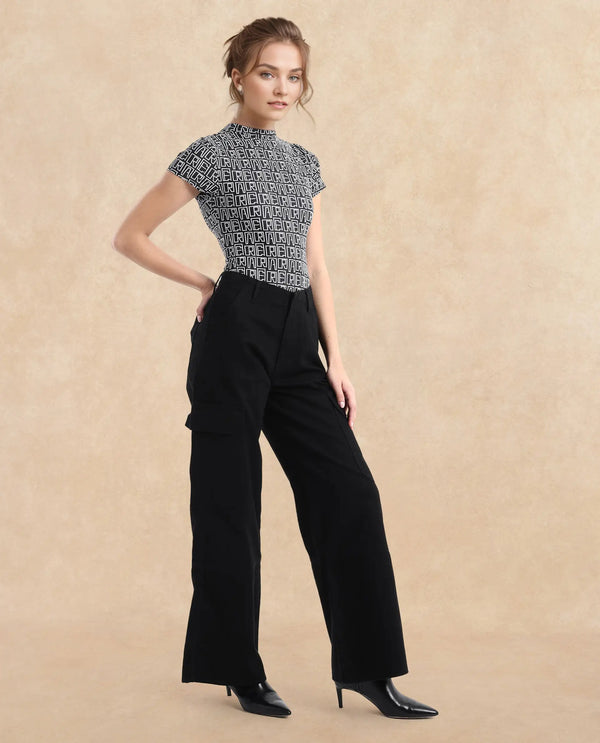 Rareism Women Itsiz-SC Black Wide Ankle Length Broad Stripes Cargo Trouser